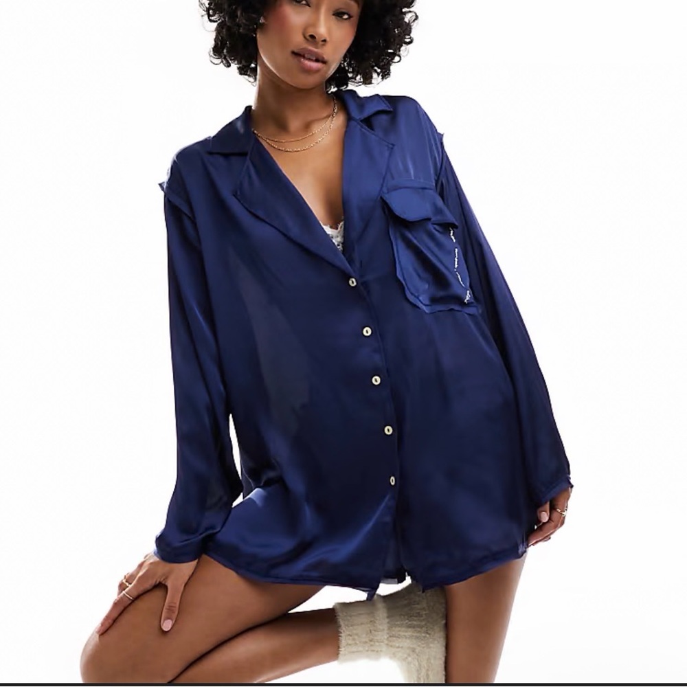 Free People Like Honey Long-Sleeve Satin Pajama Shirt in navy